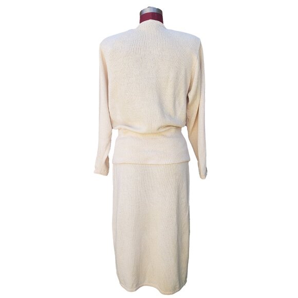 St. John Sweater Skirt Set Ivory Santana Knit V Neck Rhinestone Butterflies 10 - Picture 5 of 8